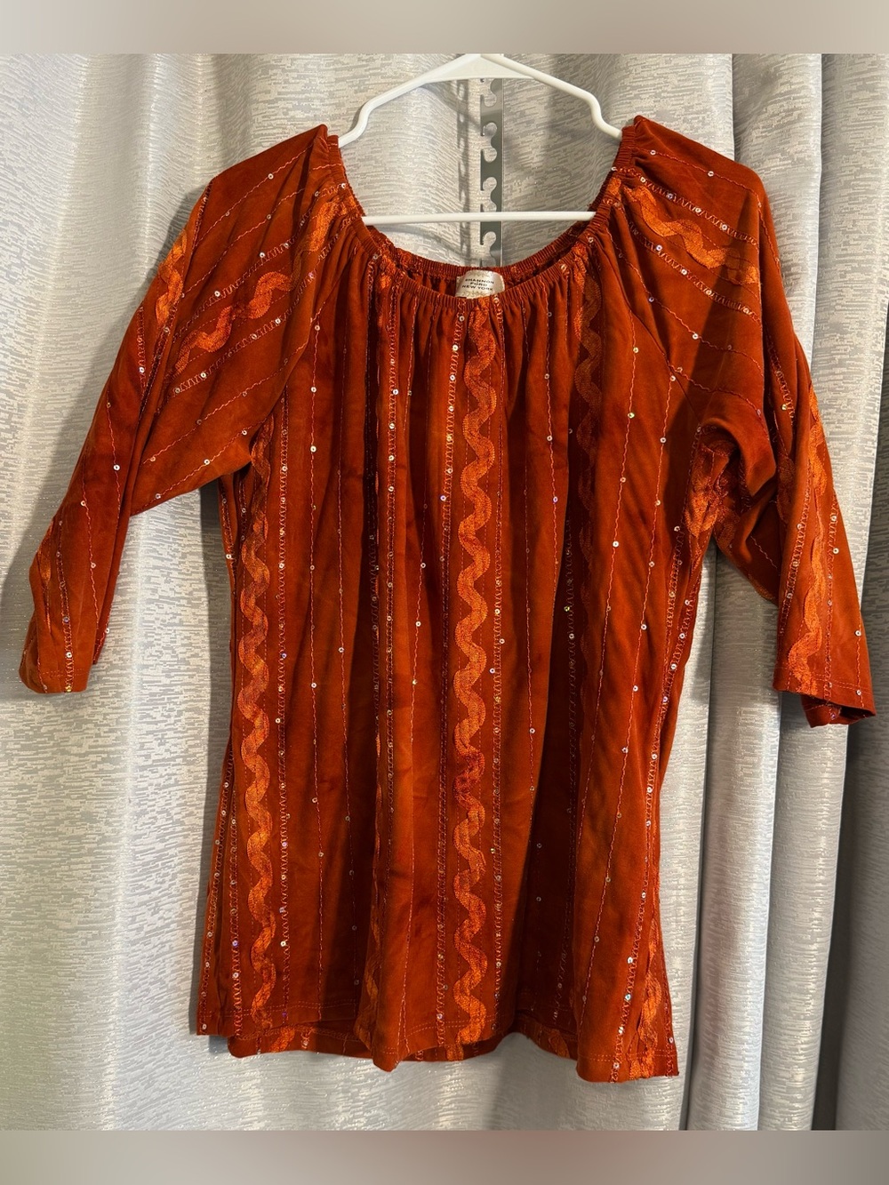 Shannon Ford NY Boho Peasant Top XL Orange Embroidered Sequin Blouse